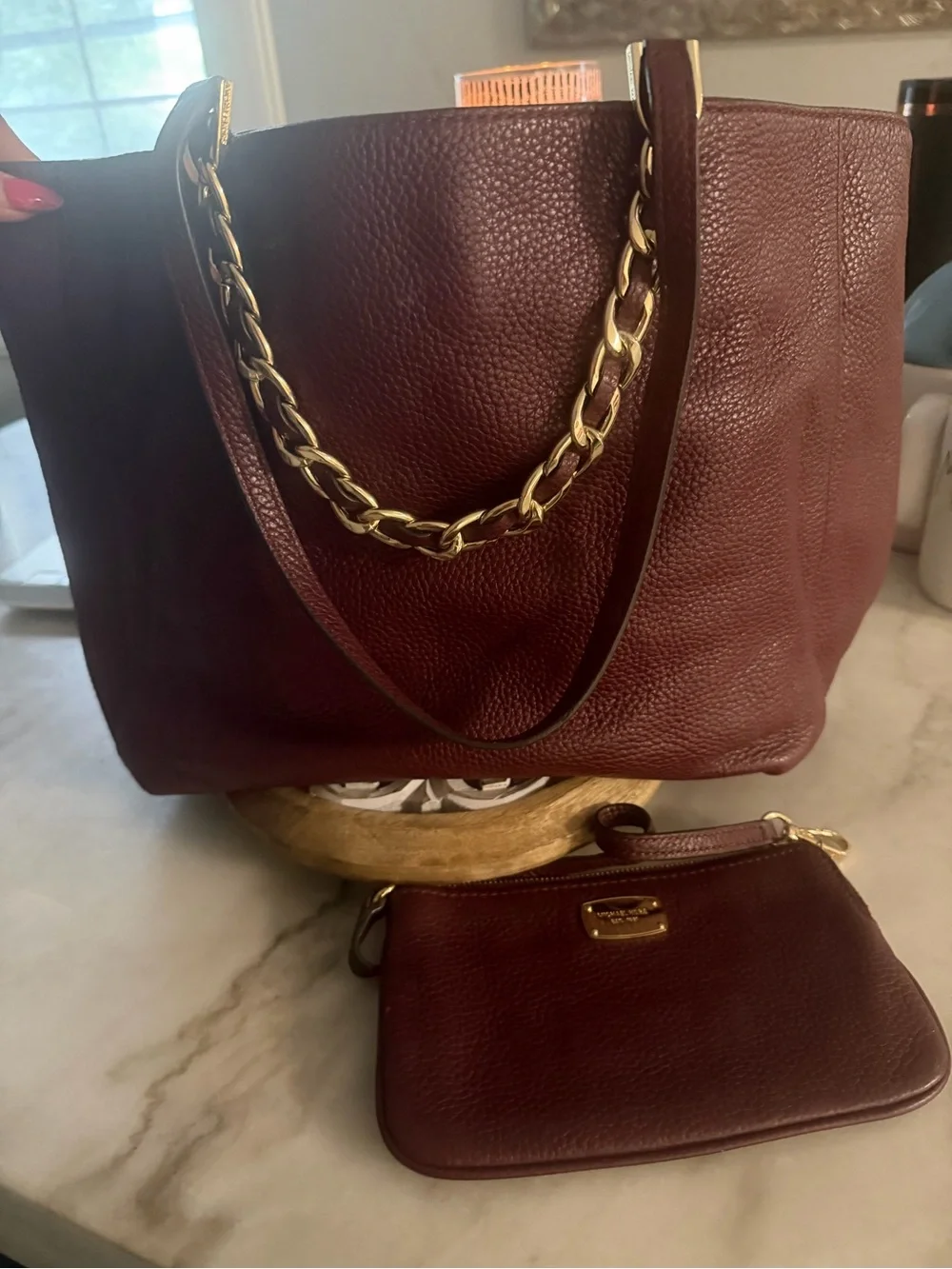 Michael Kors Harper Pebbled Leather Tote in Burgundy with Gold Chain